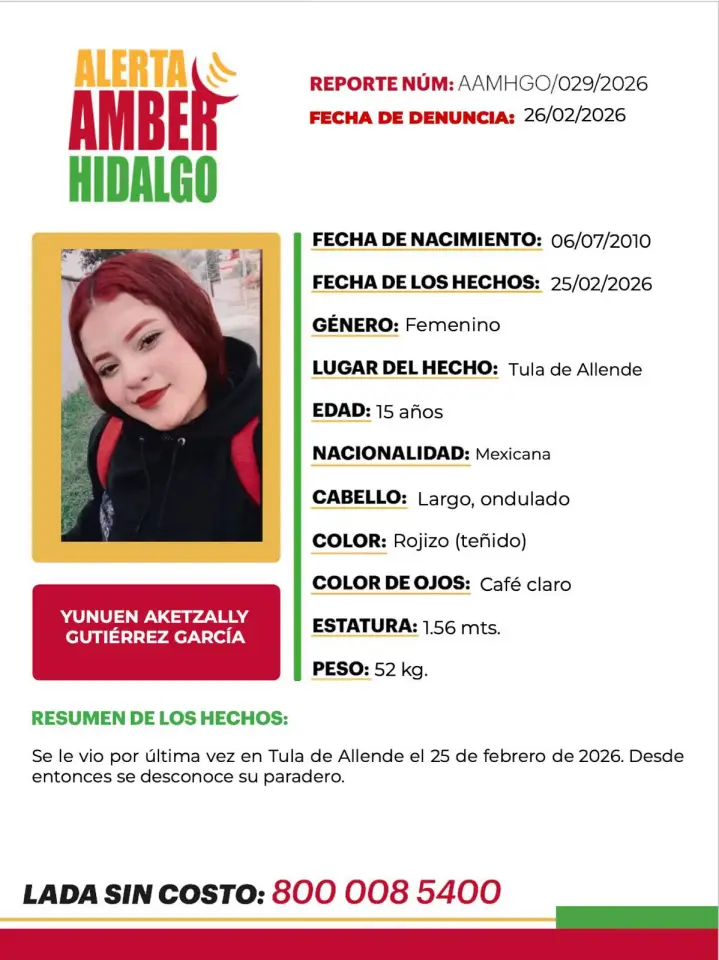 Activan Alerta Amber en Hidalgo por la desaparición de Yunuen Aketzally
