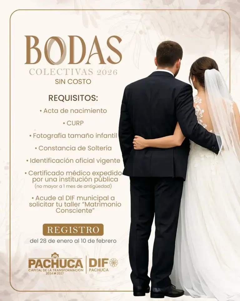 ¡Sin costo! Últimos días de registro para las Bodas Colectivas 2026 de Pachuca