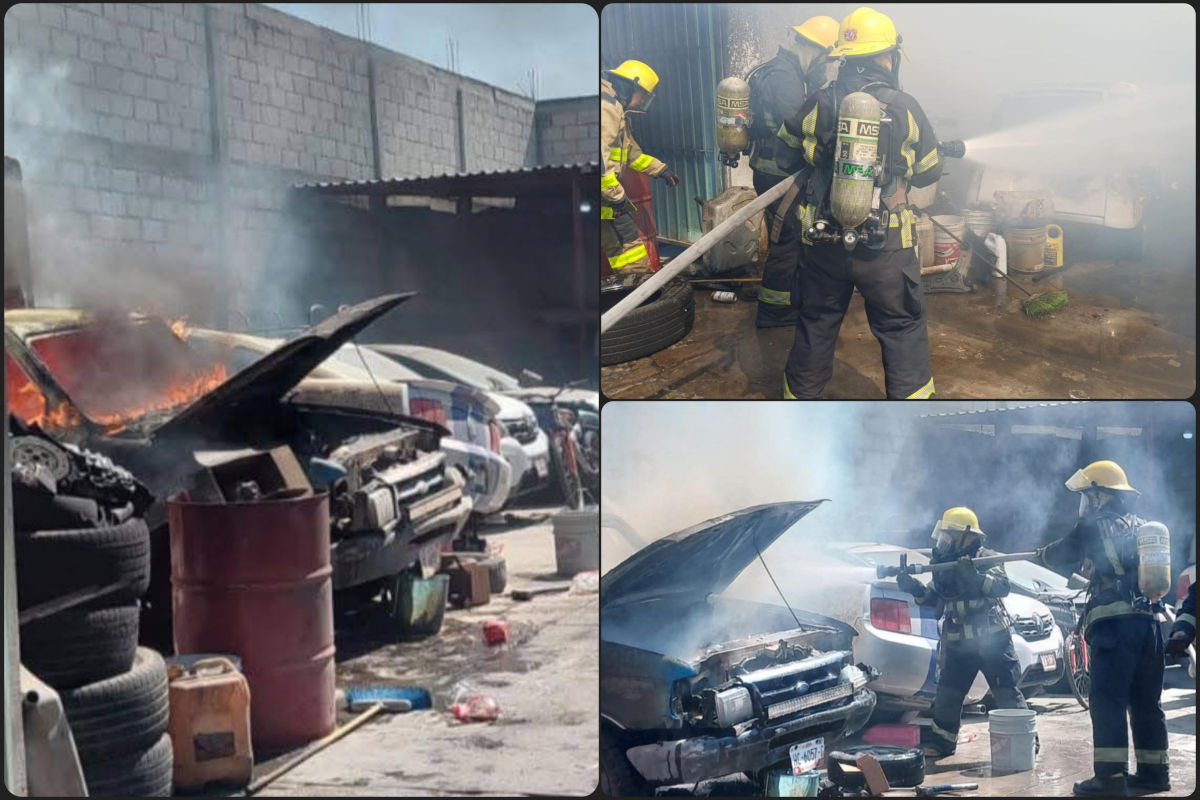 Arde taller mecánico en Pachuca; vehículos resultan afectados
