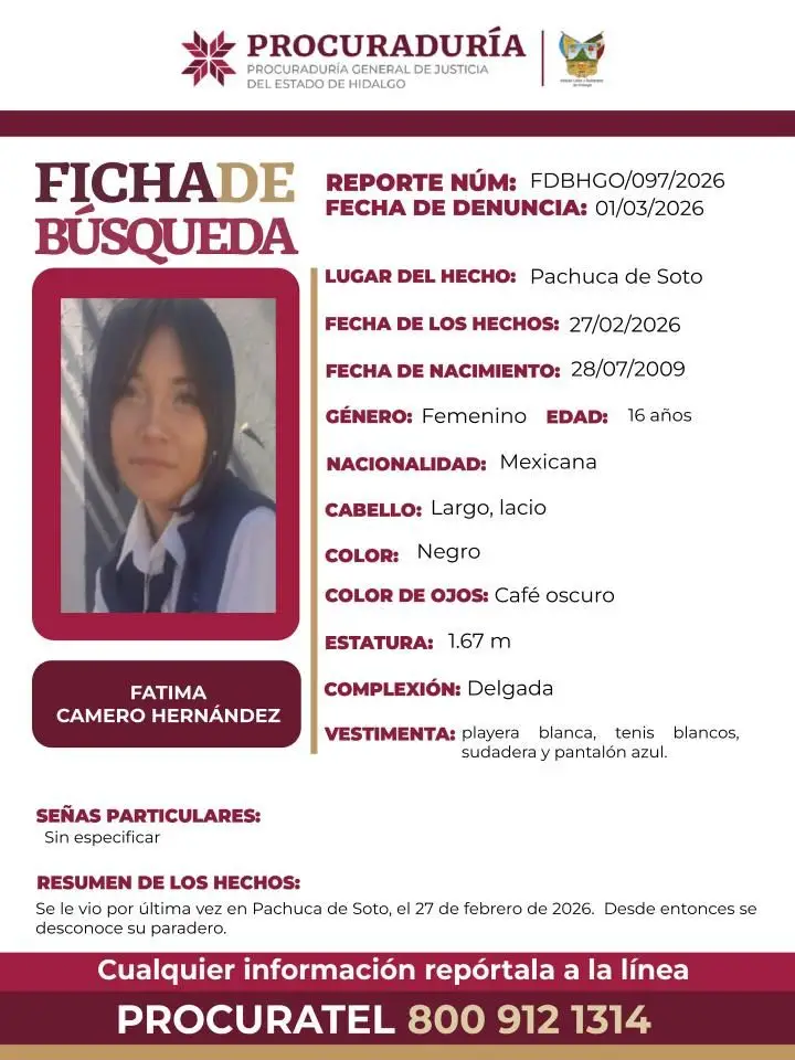 Buscan a Fátima, joven desaparecida en Pachuca