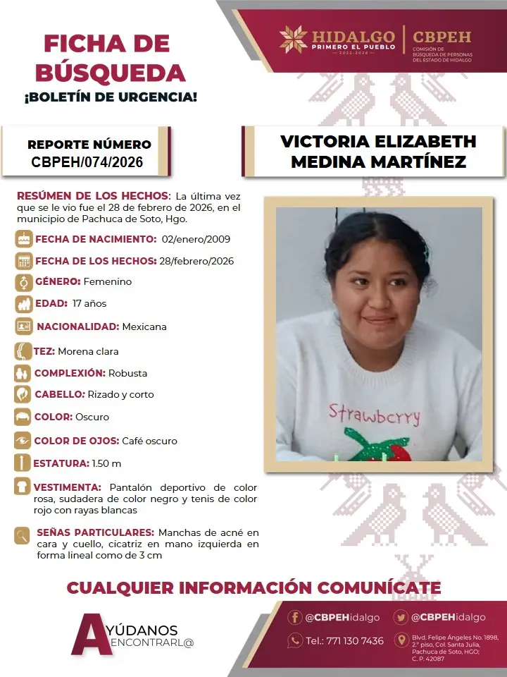 Se pide ayuda para localizar a Victoria, vista por última vez en Pachuca