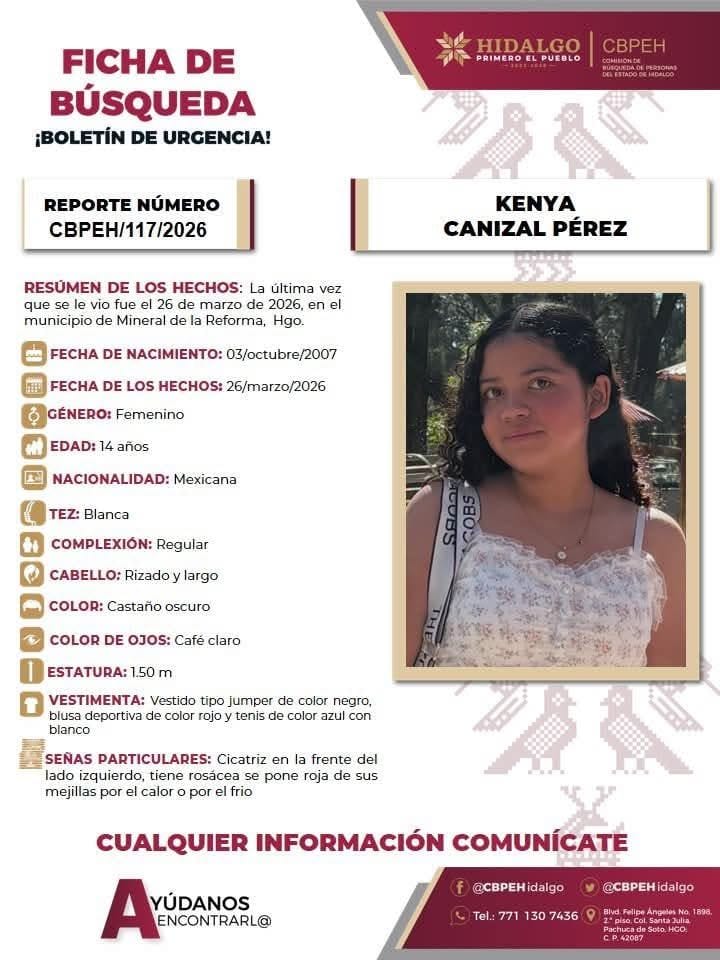 Buscan a la adolescente Kenya Canizal, desaparecida en Mineral de la Reforma