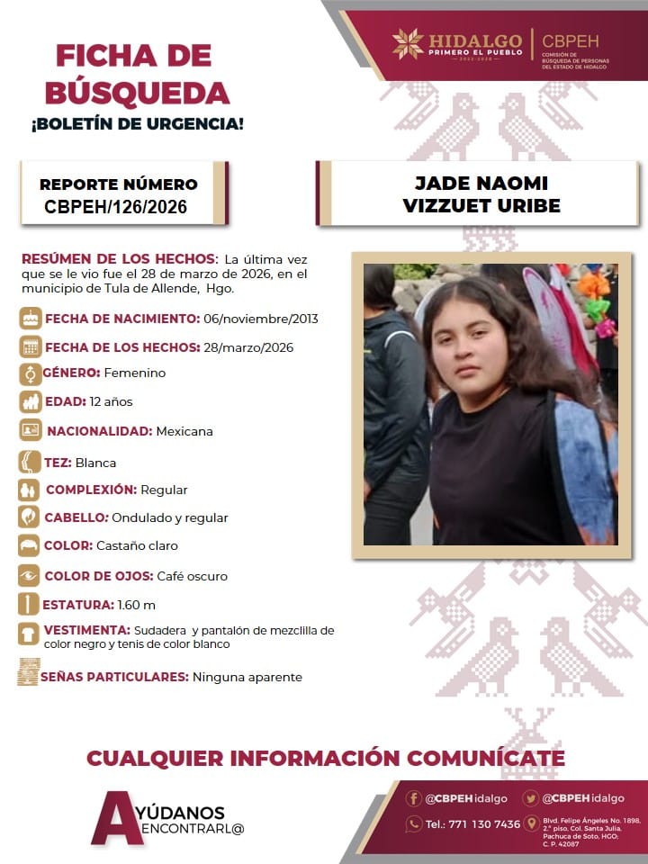Buscan a Jade Naomi, desaparecida en Tula de Allende