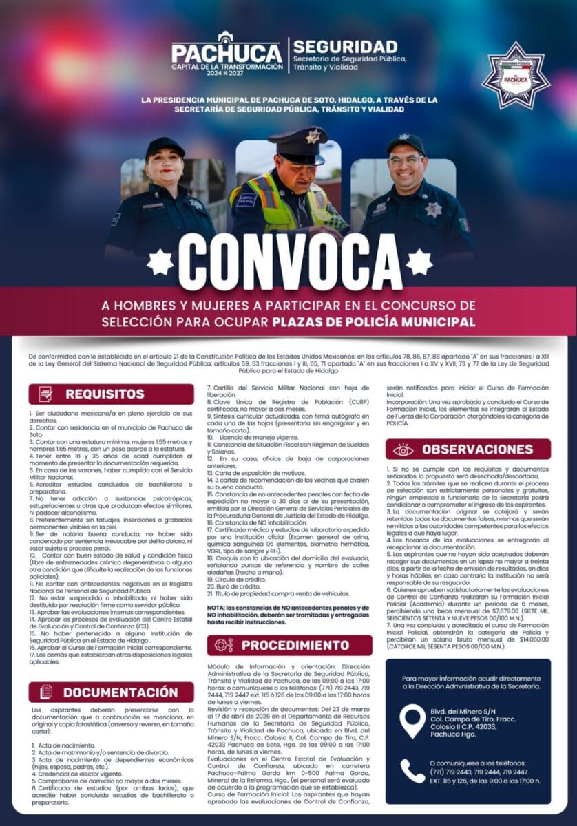 Pachuca busca nuevos policías: conoce los requisitos y el atractivo sueldo mensual