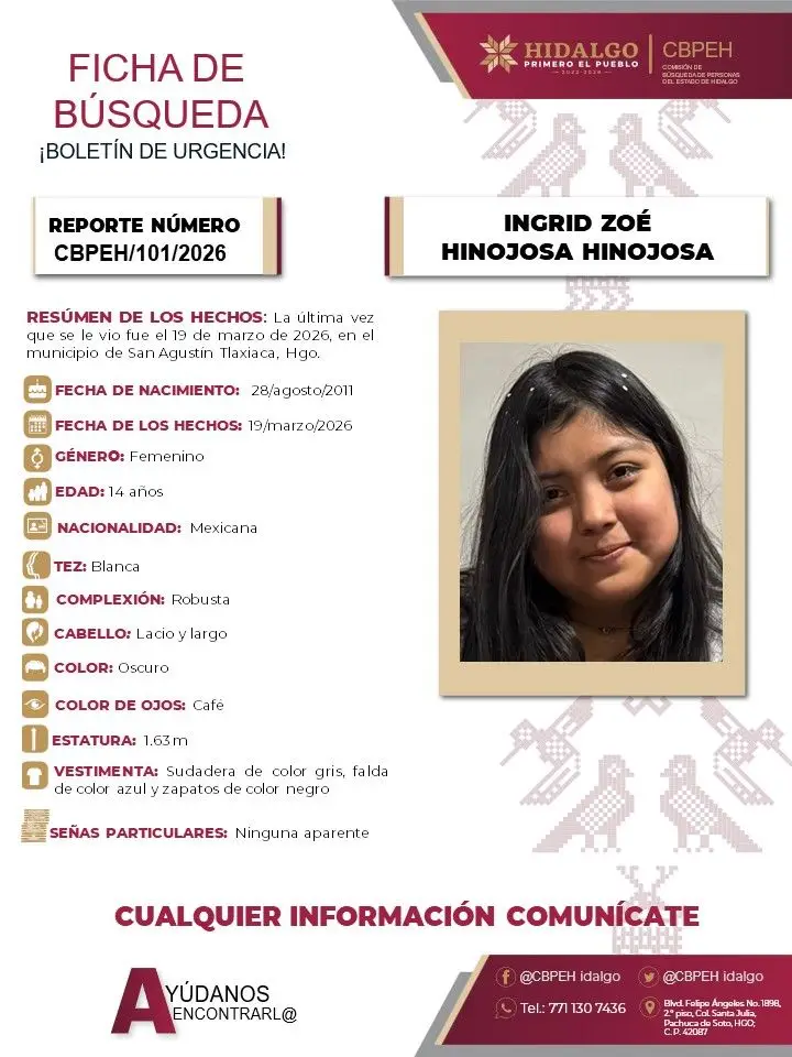 Buscan a Ingrid Zoé, de 14 años, desaparecida en San Agustín Tlaxiaca