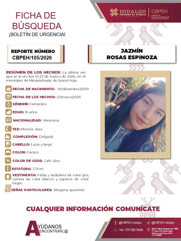 Piden ayuda para encontrar a Jazmín Rosas, joven desaparecida en Hidalgo