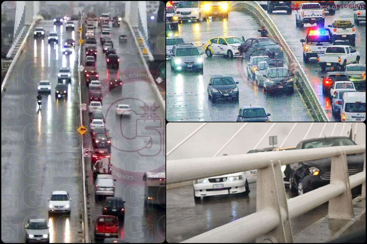 Llueve tantito en Pachuca y..., ¡carambola de cinco vehículos en el Puente Atirantado!