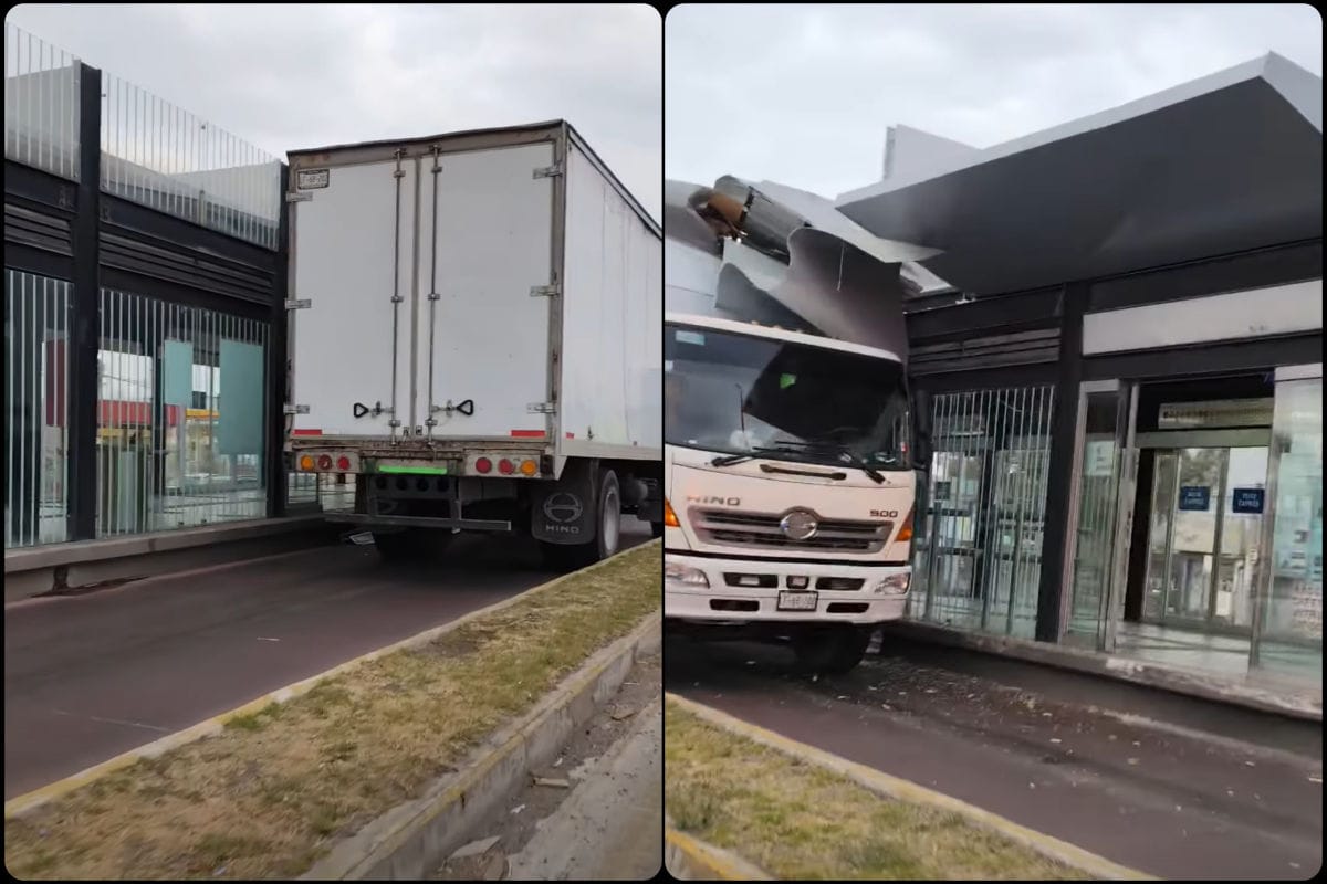 Camión de carga invade carril del Tuzobús y causa destrozos en estación al sur de Pachuca