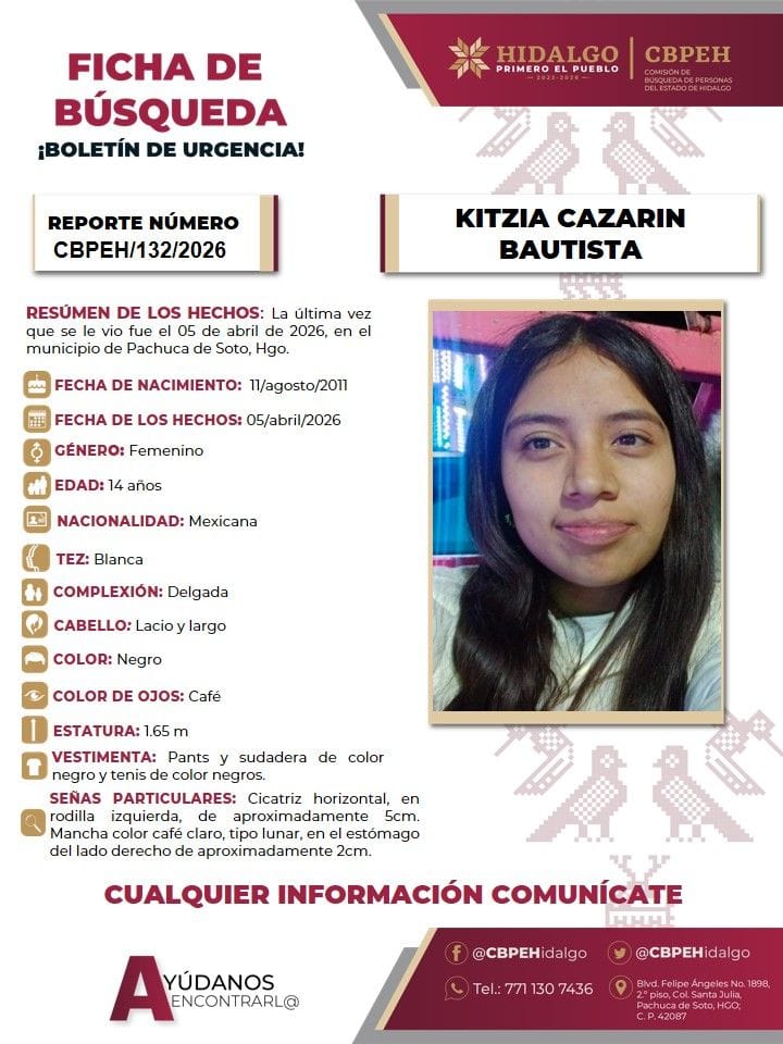 Se busca a Kitzia, joven reportada como desaparecida en Pachuca