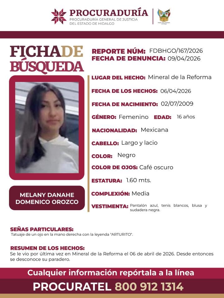 Piden ayuda para encontrar a Melany Danahe: desapareció en Mineral de la Reforma