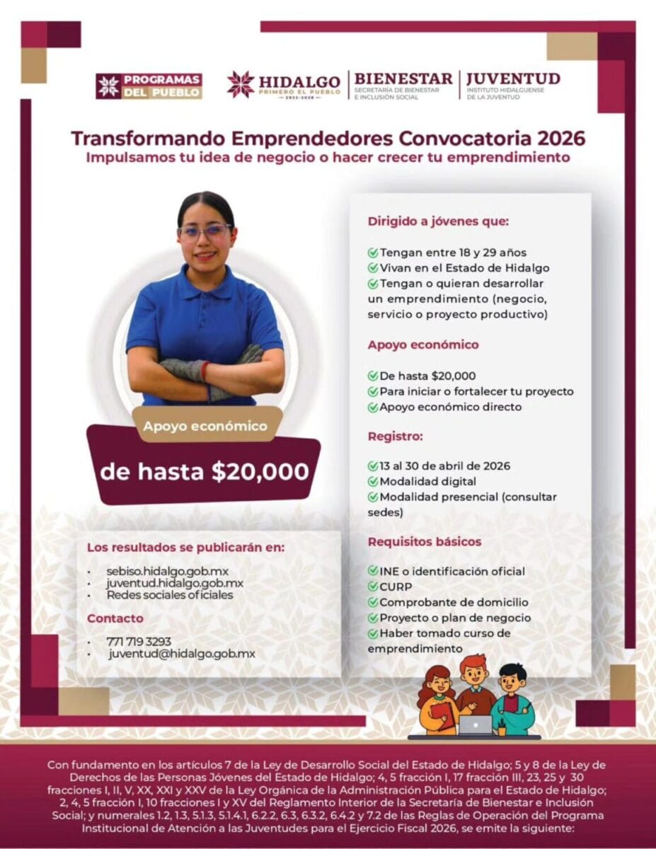 Hidalgo lanza convocatoria para jóvenes emprendedores: recibe hasta 20 mil pesos para tu negocio