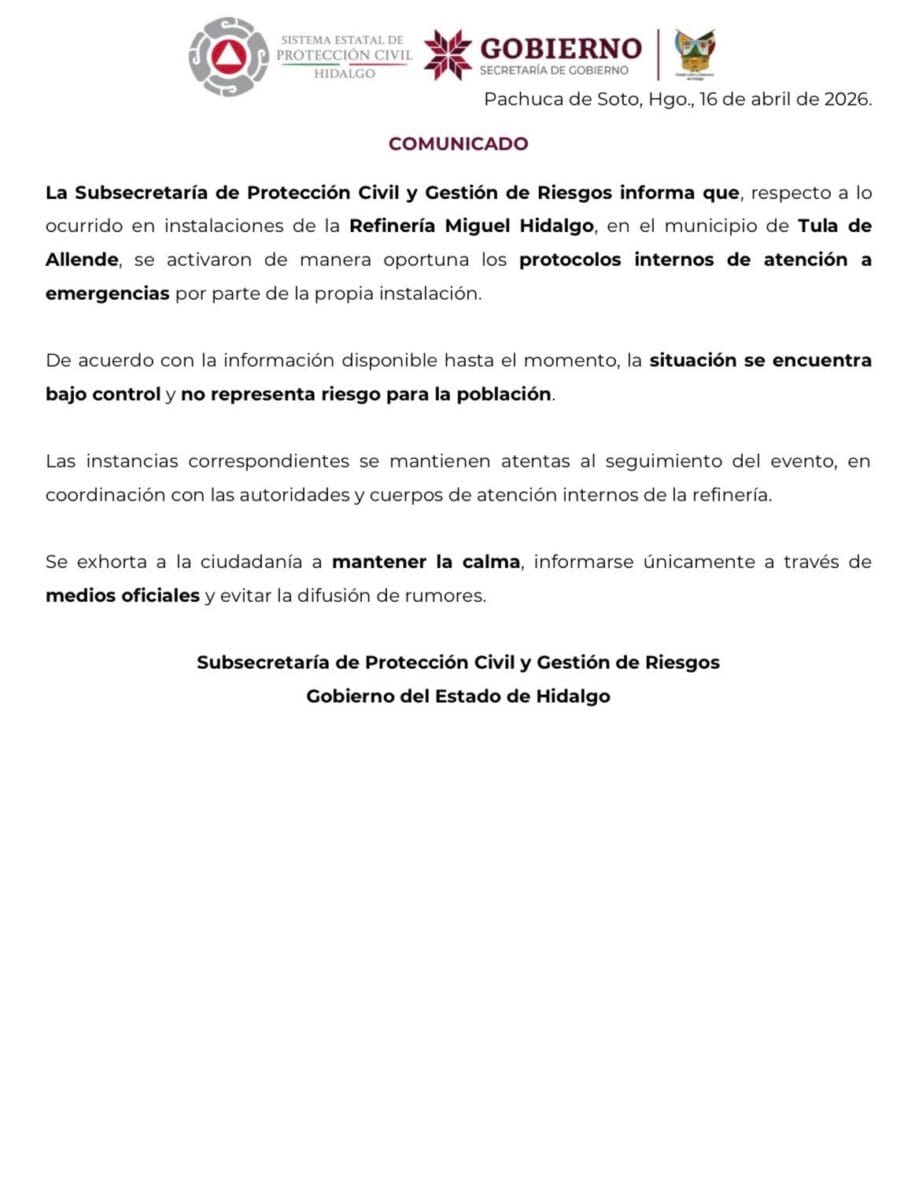 Incendio por presunta explosión provoca intensa columna de humo y movilización en la refinería de Tula
