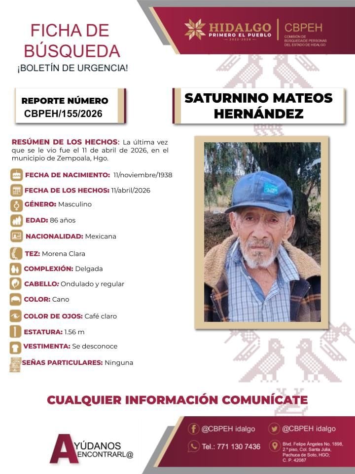 Solicitan apoyo para localizar a Saturnino Mateos, desaparecido en Zempoala