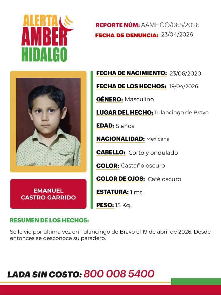 ¡Ayudemos a que Emanuel regrese a casa! Activan Alerta Amber por pequeño desaparecido en Tulancingo