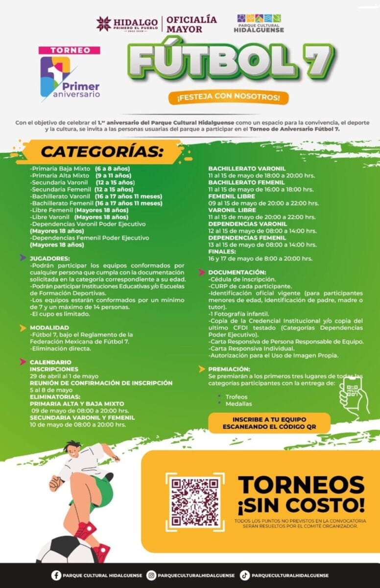 Invitan al gran torneo gratuito de futbol 7 por el aniversario del Parque Cultural Hidalguense