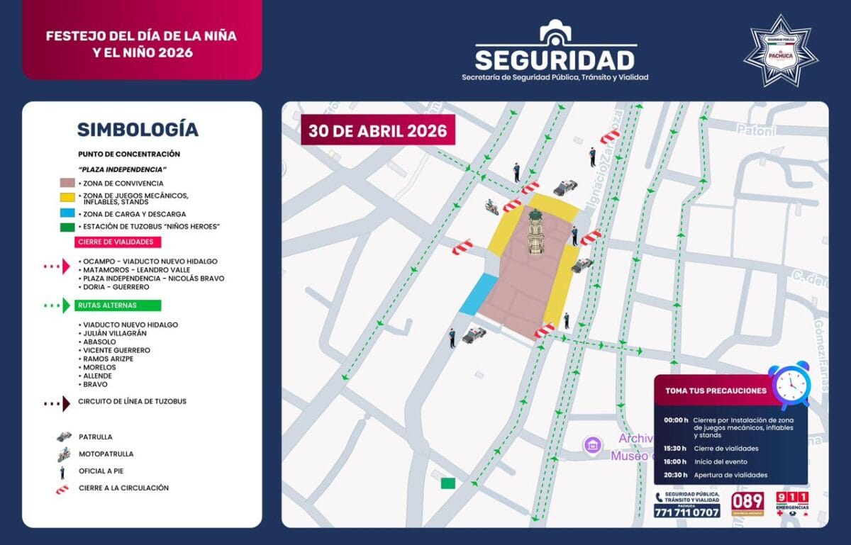 Operativo vial y cierre de calles en el centro de Pachuca por festejos del Día de la Niñez
