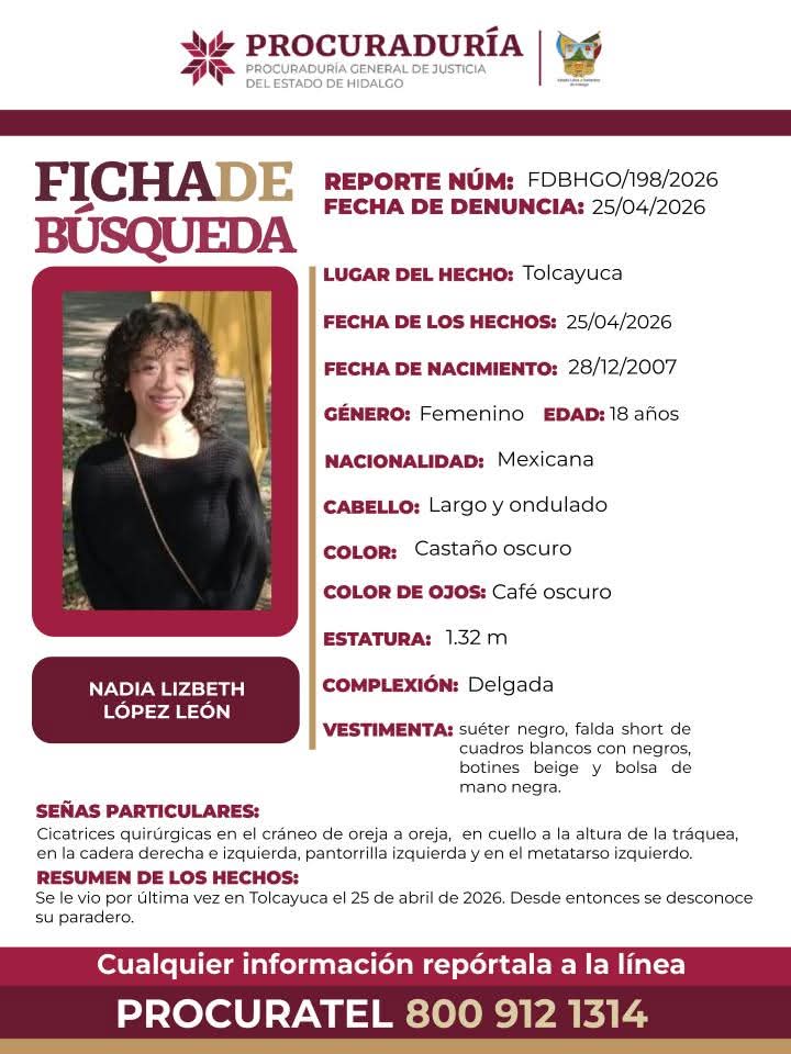Buscan a Nadia Lizbeth: desapareció en Tolcayuca y su familia la espera en casa