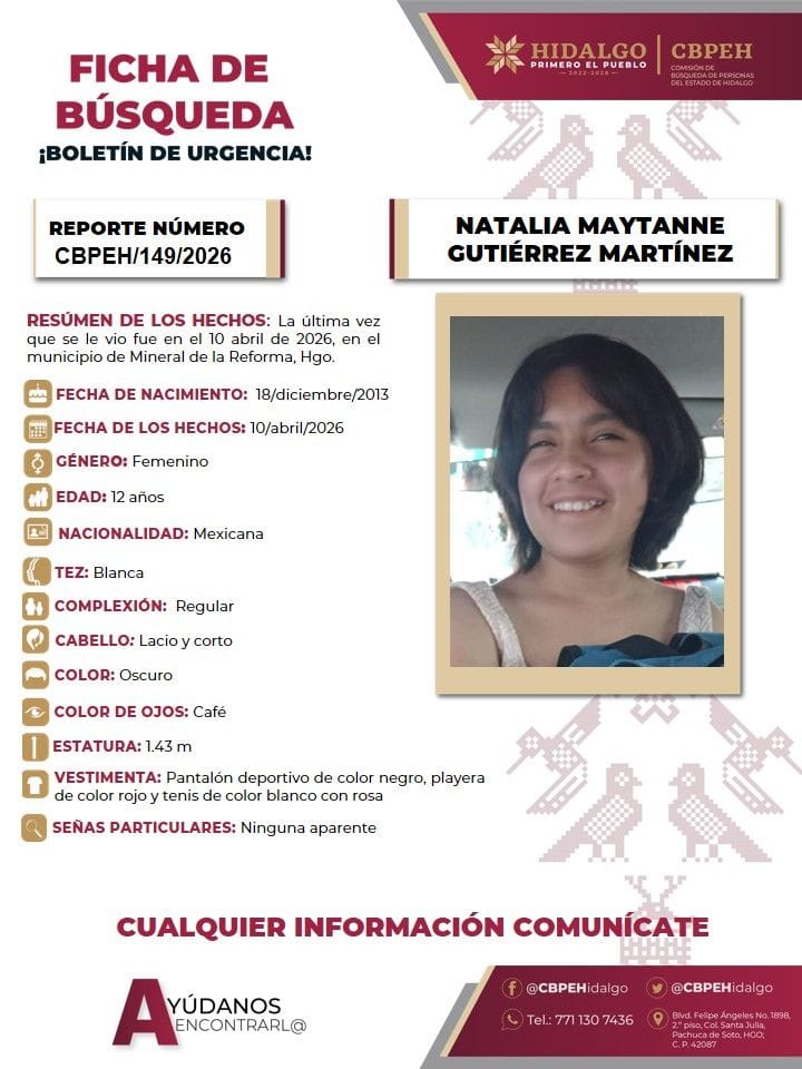 Natalia Maytanne, de 12 años, desapareció en Mineral de la Reforma; se pide ayuda para localizarla