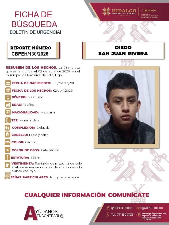 Se pide ayuda para localizar a Diego San Juan: desapareció en Pachuca