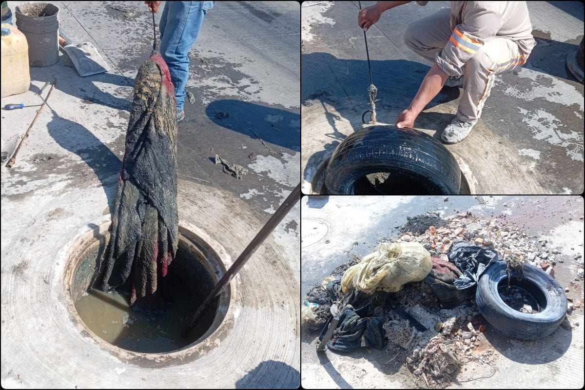 Llantas y cobijas: el insólito hallazgo en el drenaje de bulevar Colosio tras desbordamiento de aguas negras