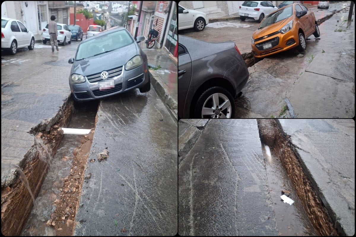 Lluvia destroza obra inconclusa y atrapa vehículos en colonia Pachuca | VIDEO