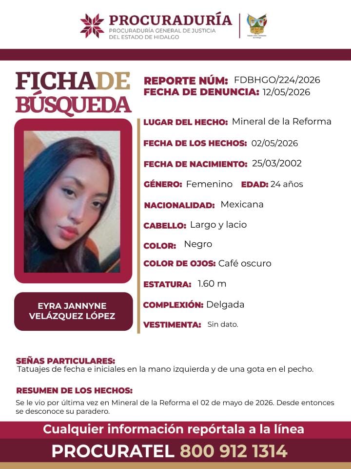 Se busca a Eyra Jannyne, joven desaparecida en Mineral de la Reforma