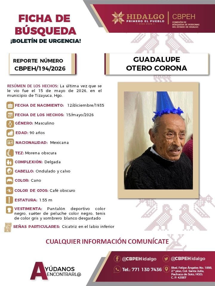 Buscan a Guadalupe Otero, adulto mayor desaparecido en Hidalgo