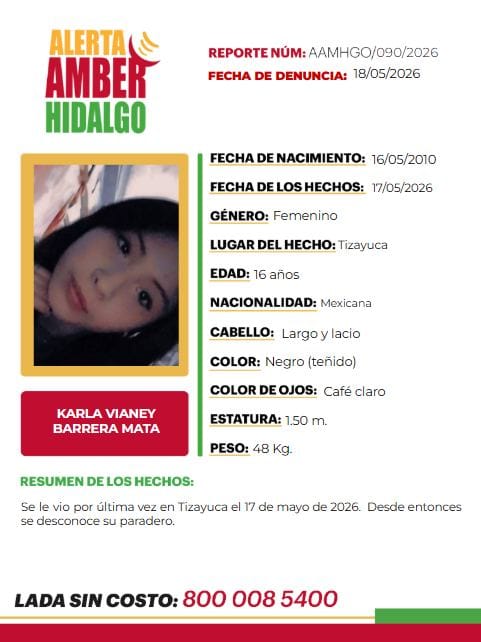 Activan Alerta Amber para encontrar a Karla Vianey, adolescente desaparecida en Tizayuca