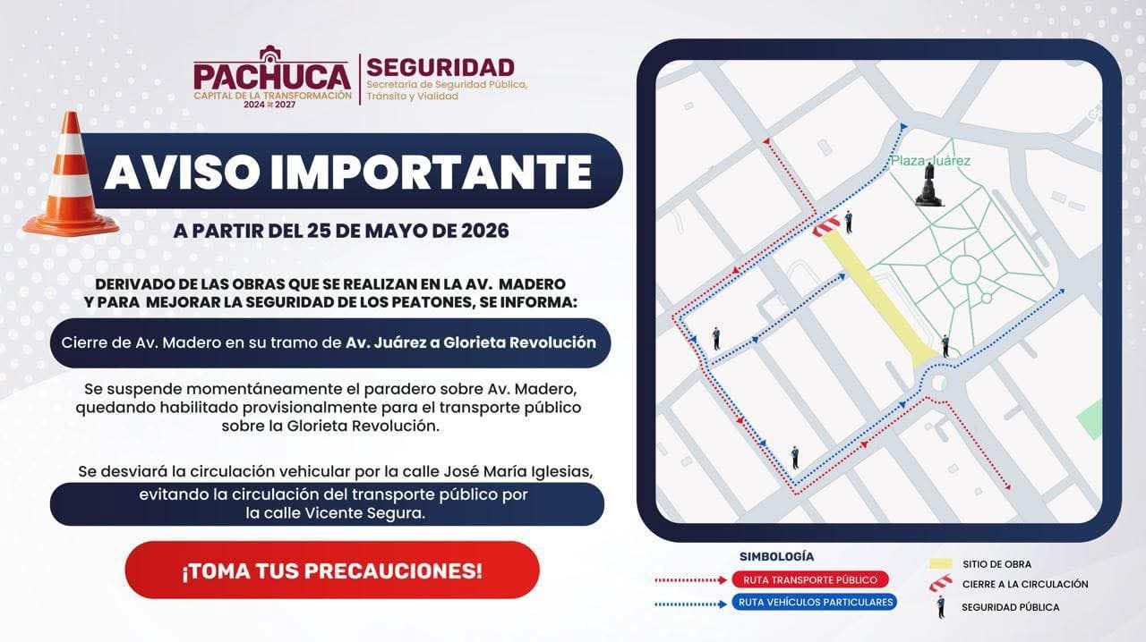 Cierre total en un tramo de la avenida Madero de Pachuca por obras de pavimentación