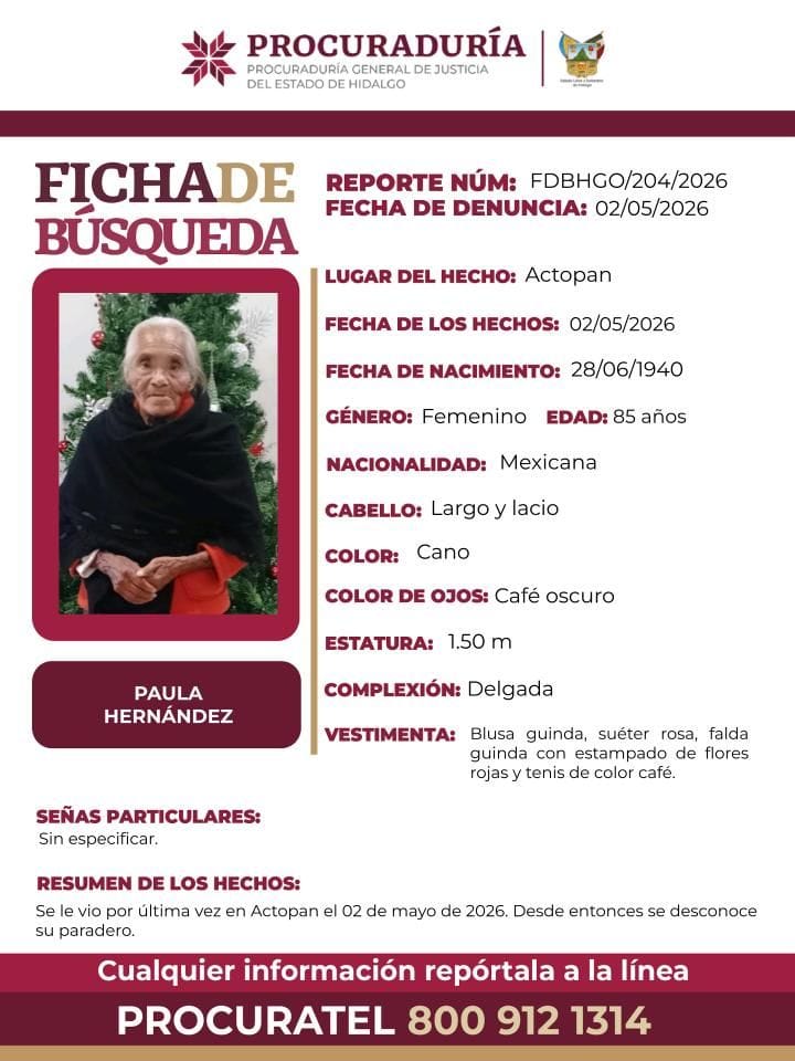 Buscan a Paula Hernández, adulta mayor desaparecida en Actopan