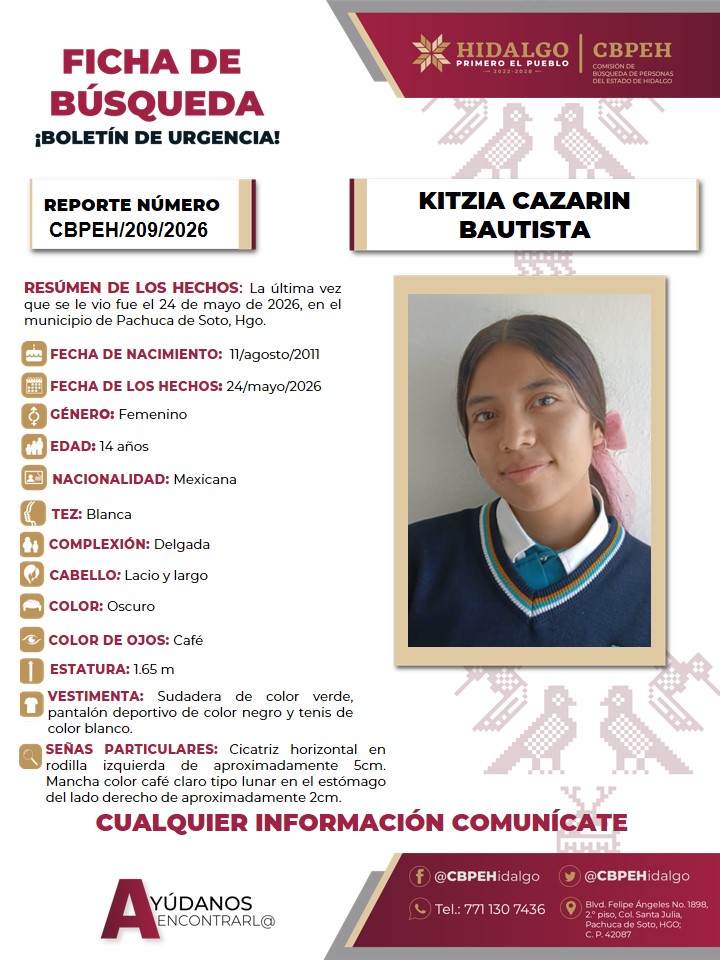 Activan boletín de urgencia para localizar a adolescente vista por última vez en Pachuca