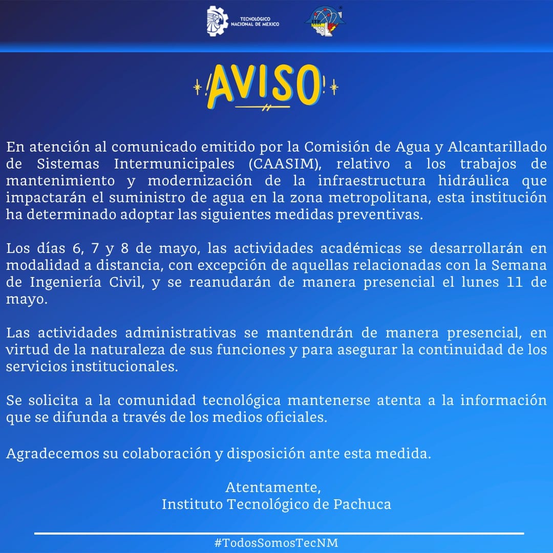 Tecnológico de Pachuca suspende clases presenciales ante incapacidad de garantizar agua en sanitarios