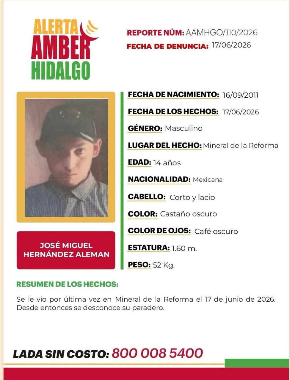 Alerta Amber en Hidalgo: buscan a José Miguel, desaparecido en Mineral de la Reforma