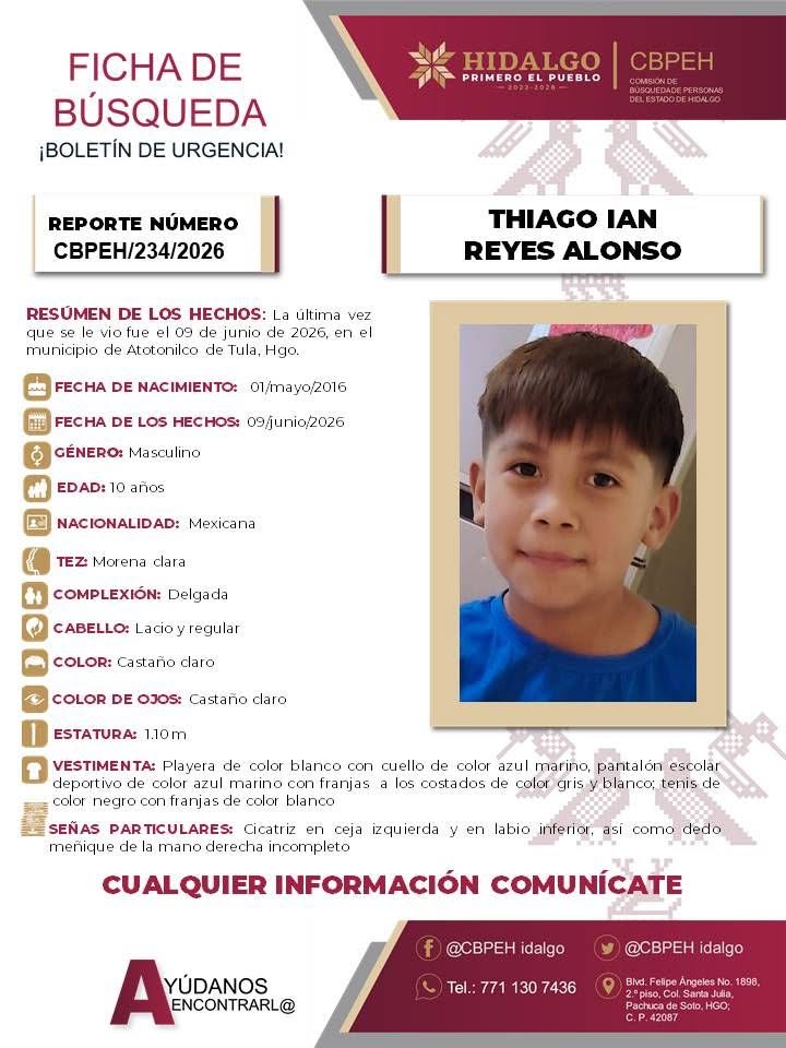 Activan alerta de búsqueda para localizar a Thiago Ian, menor desaparecido en Hidalgo