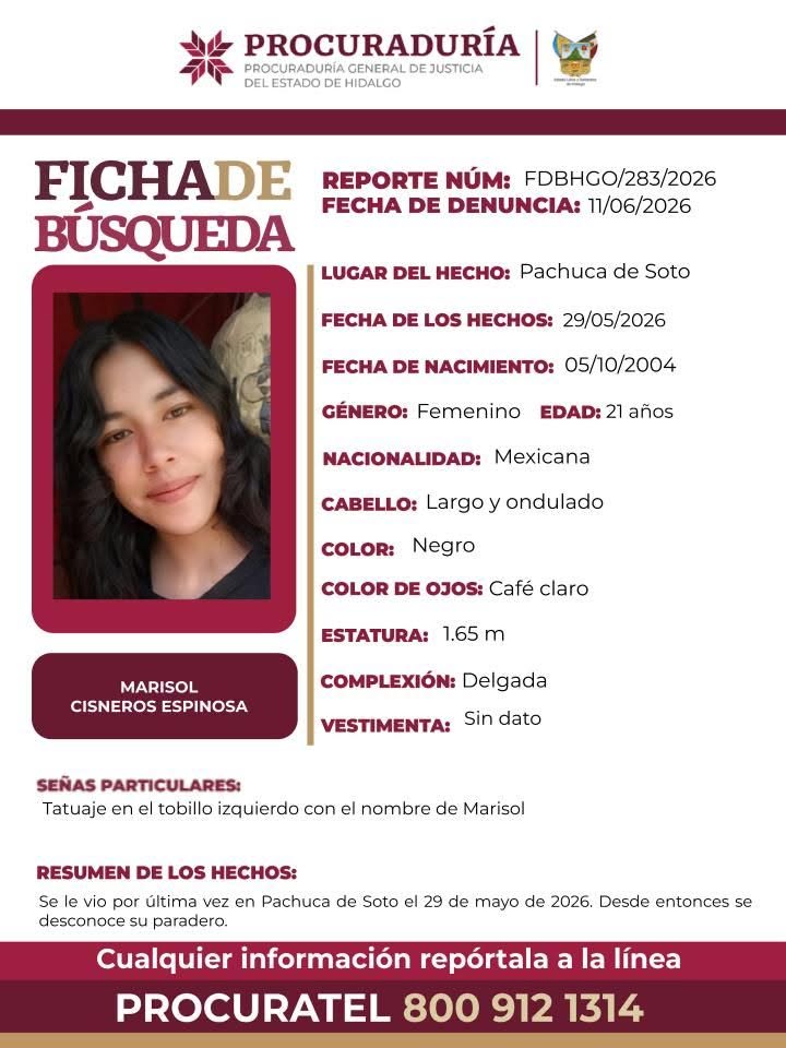 Buscan a la joven Marisol, desaparecida en Pachuca