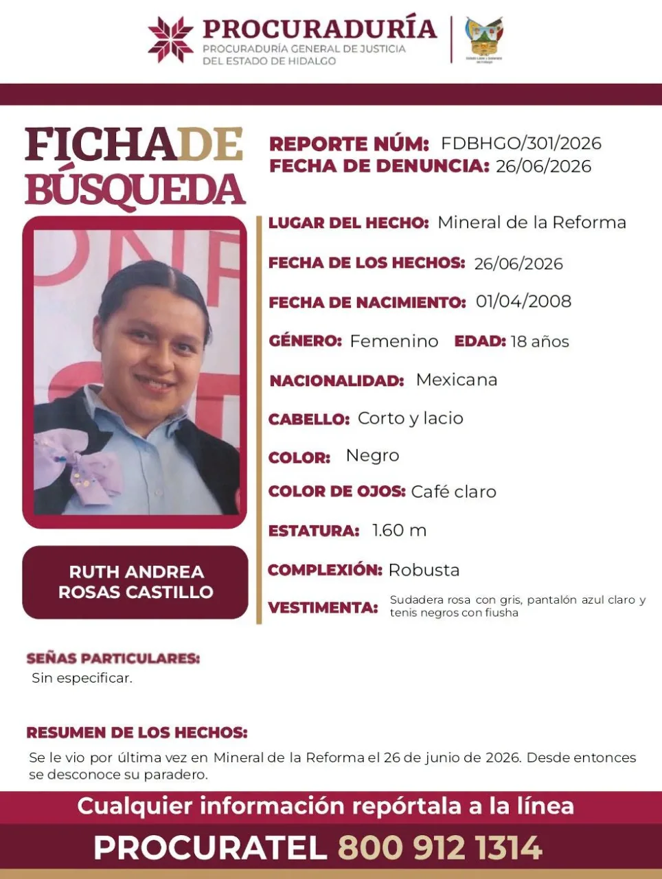 Ruth Andrea desapareció en Mineral de la Reforma; piden ayuda para encontrarla