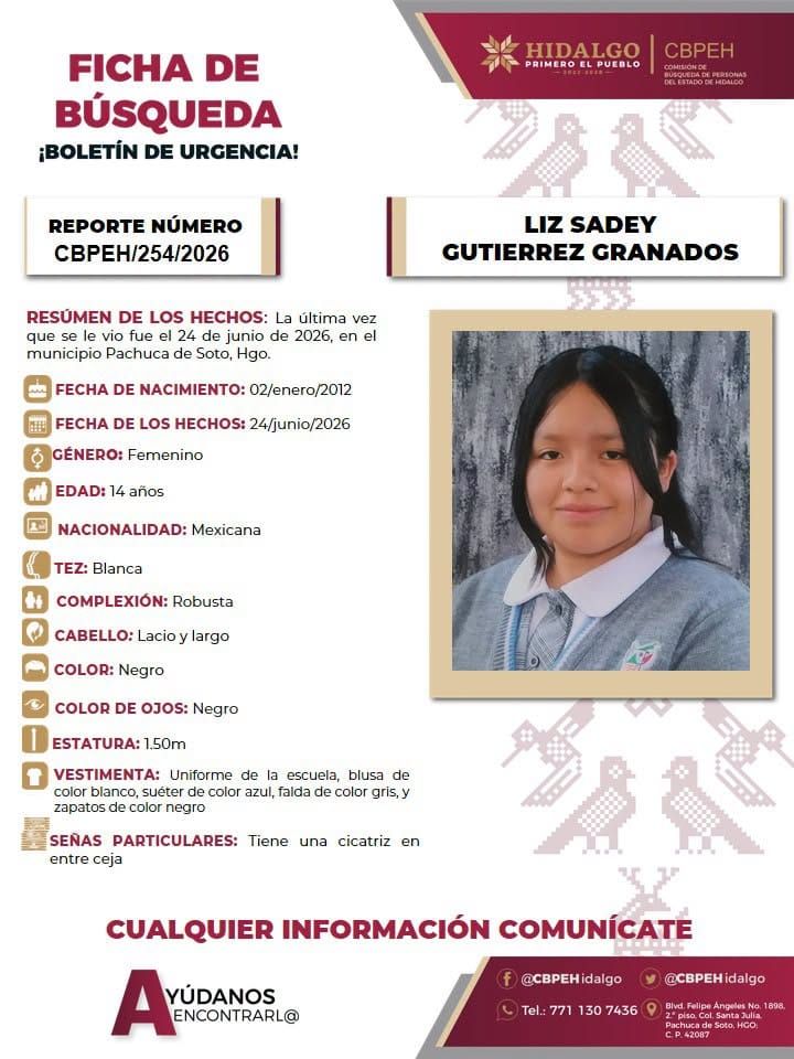 Piden apoyo para encontrar a Liz Sadey, menor desaparecida en Pachuca