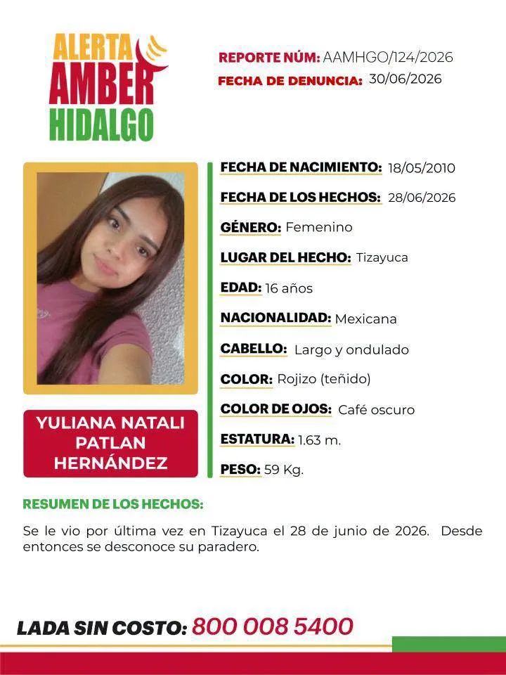 Activan Alerta Amber en Hidalgo para localizar a la adolescente Yuliana Natali