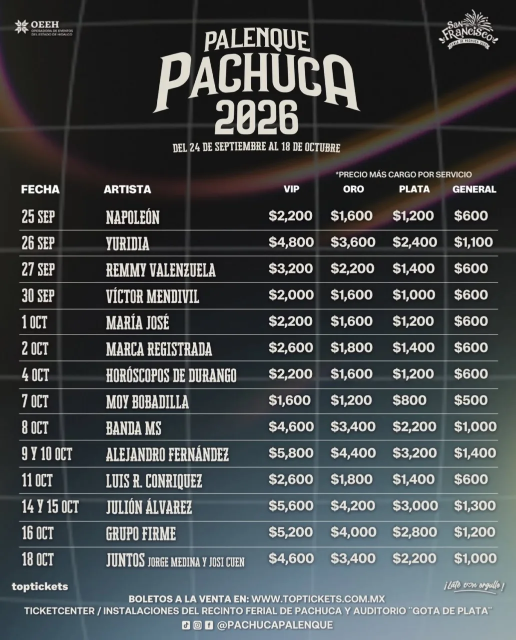 Revelan los precios para el Palenque Pachuca 2026: desde $600 hasta $5,800