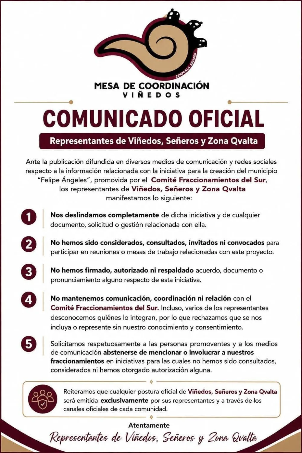 Tres fraccionamientos rechazan creación del municipio Felipe Ángeles y se deslindan de iniciativa