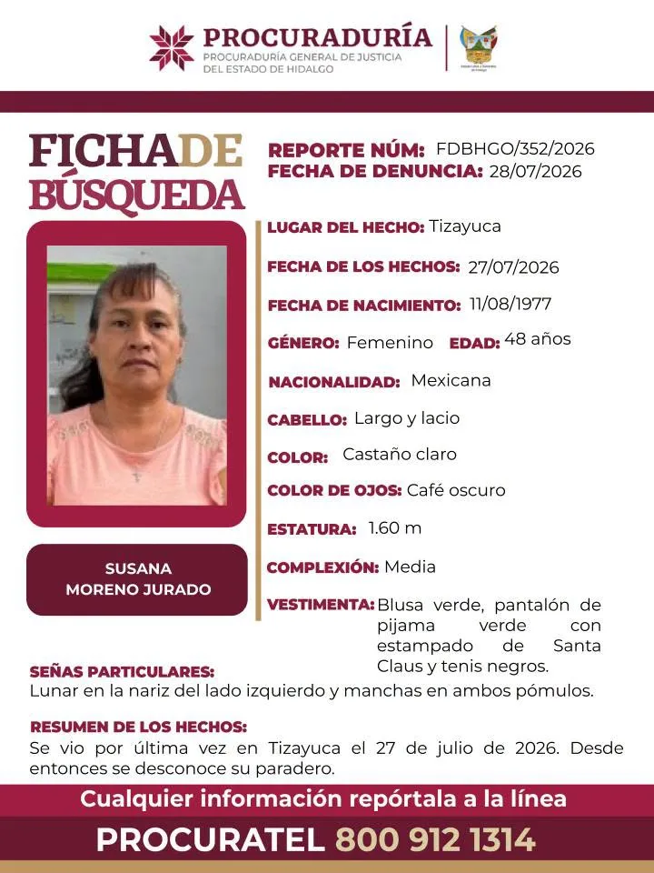 Piden apoyo para encontrar a Susana Moreno, reportada como desaparecida en Tizayuca