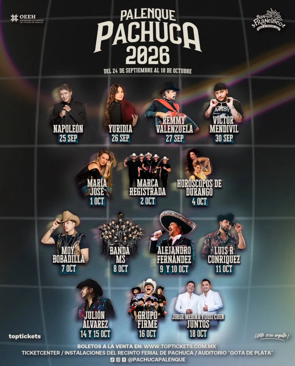 ¡Oficial! Estos son los artistas que se presentarán en el Palenque de la Feria de Pachuca 2026