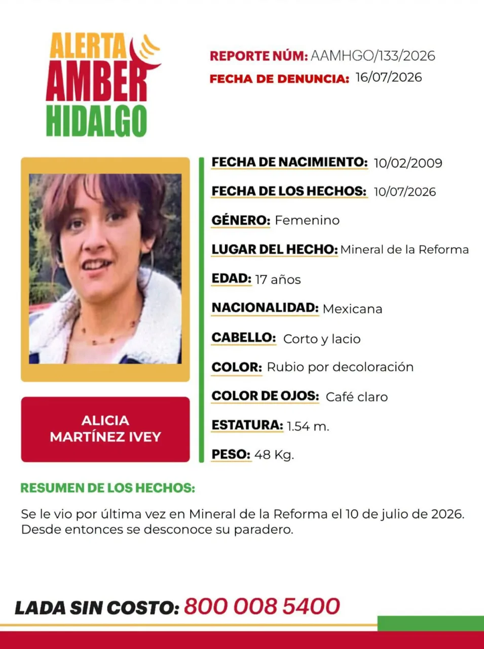 Activan Alerta Amber en Hidalgo para localizar a Alicia, vista por última vez en Mineral de la Reforma