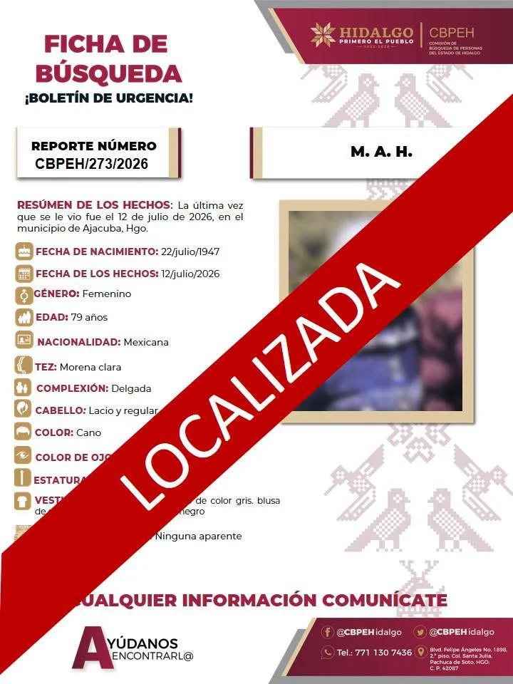 Localizan con vida en un paraje a doña Lenis, adulta mayor desaparecida en Hidalgo