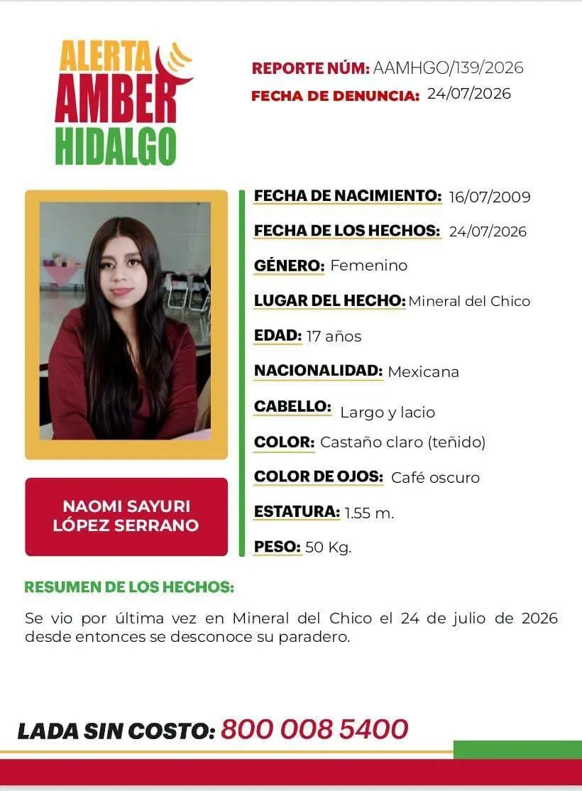 Piden apoyo para encontrar a Naomi Sayuri: desapareció en Mineral del Chico