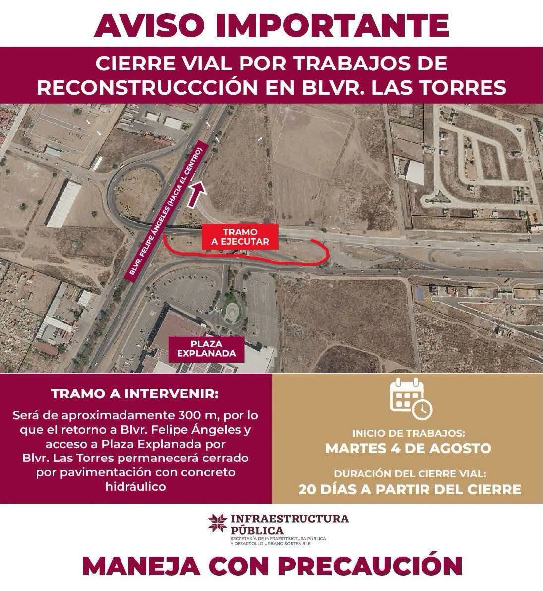 Tómalo en cuenta: cerrarán acceso a Explanada y bulevar Las Torres por tres semanas
