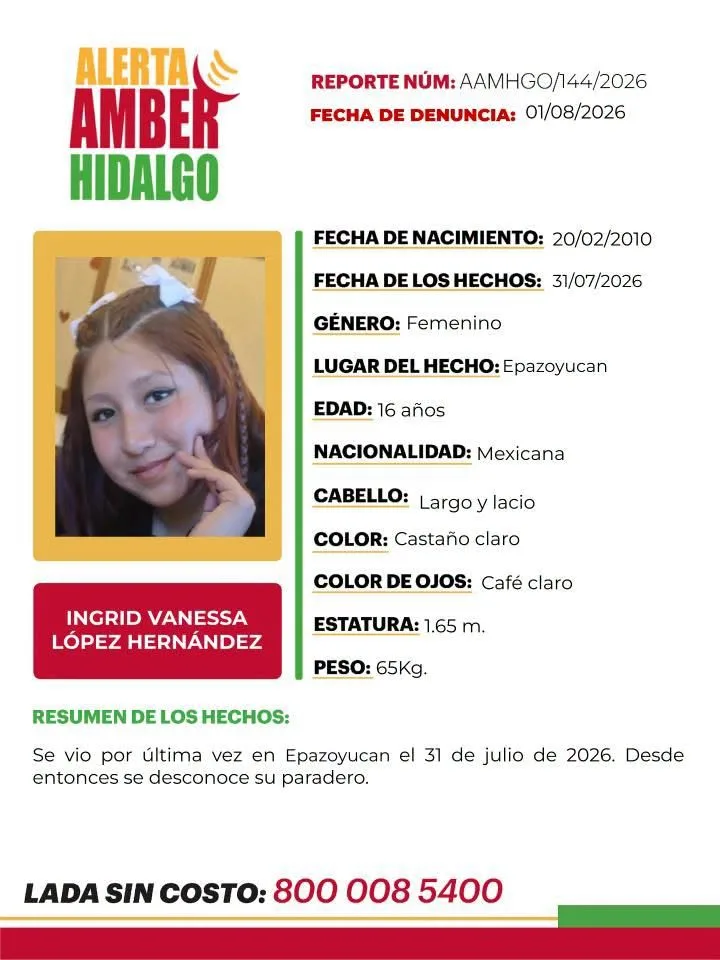 Activan Alerta Amber para localizar a Ingrid Vanessa, desaparecida en el municipio de Epazoyucan