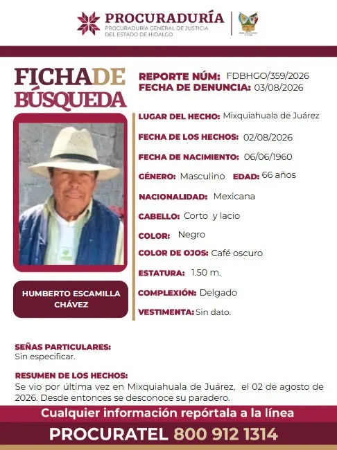 Solicitan apoyo para localizar a adulto mayor visto por última vez en Mixquiahuala